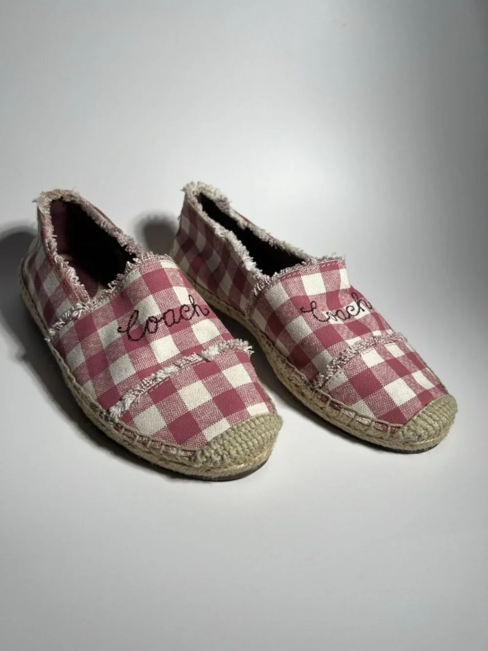 Coach Gingham Espadrille Flats Women’s Size 6.5 Pink White Slip On
